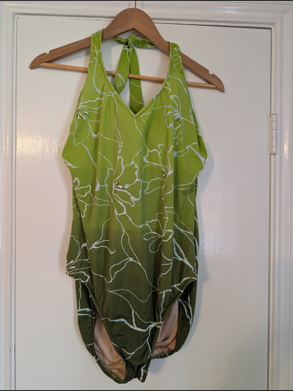 Green Floral One-Piece Swimsuit - Halter Tie Back